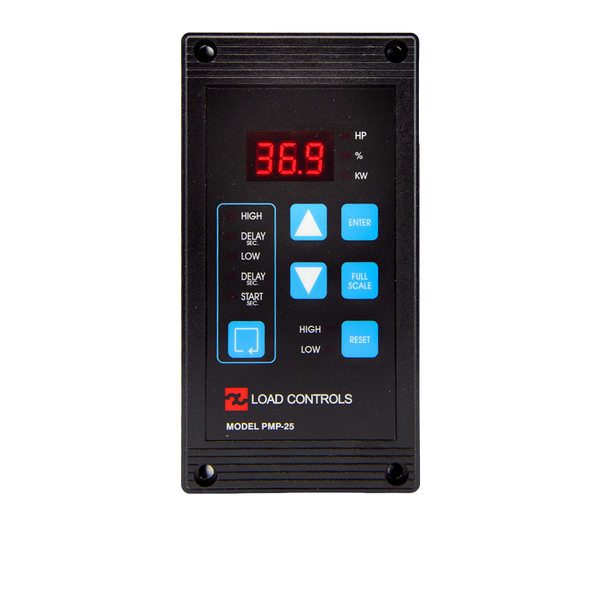 Load control panel with digital display and buttons on a white background. Load Controls PMP-25 pump load monitor for real-time motor power monitoring and pump protection in industrial applications.
