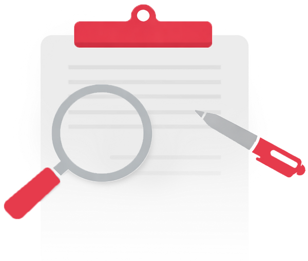 Icon of a magnifying glass, pen, and clipboard on a white background. Case studies showcasing power monitoring applications, efficiency gains, and operational insights