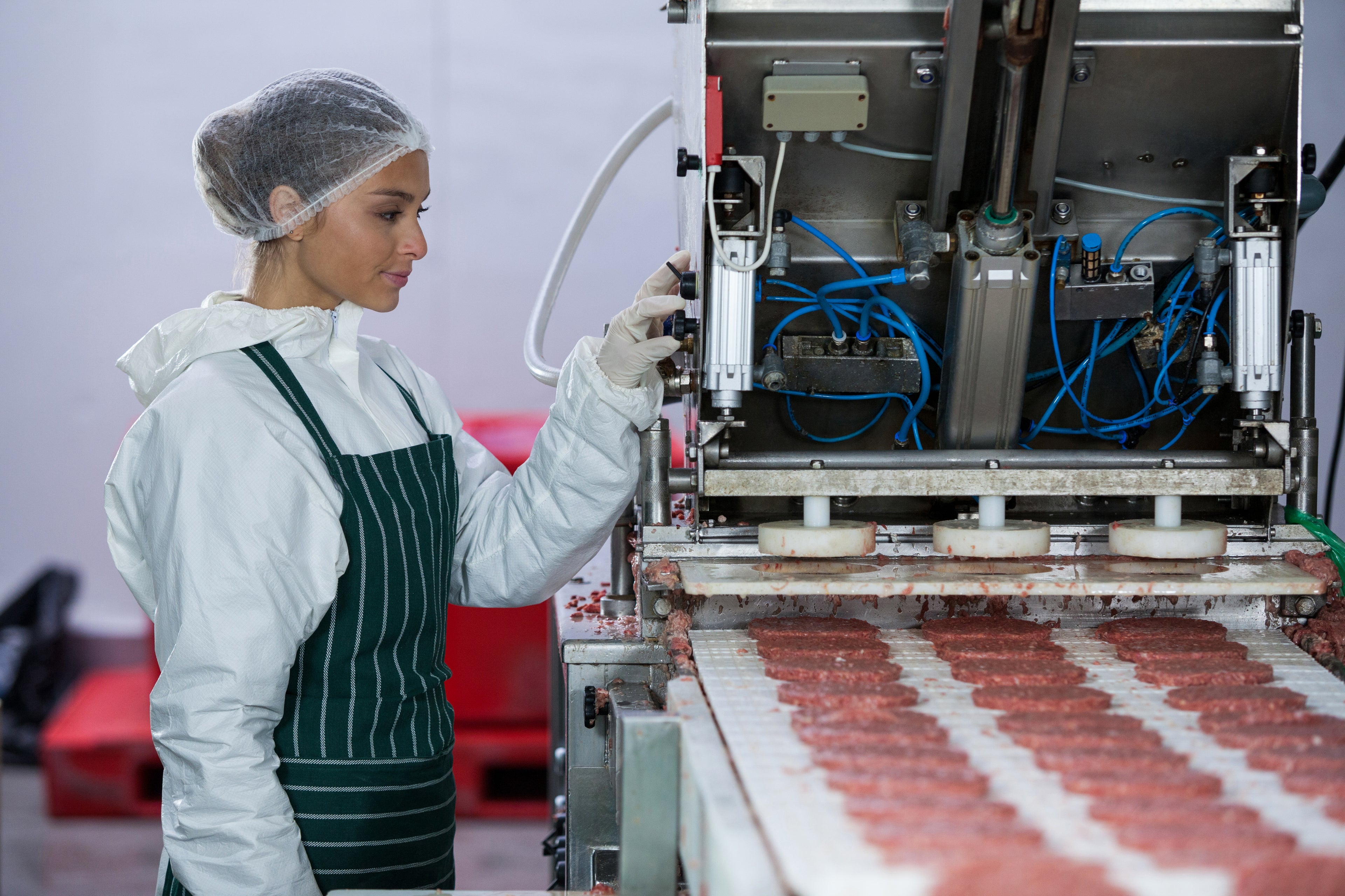 Automated food processing line producing meat patties with hygienic manufacturing and quality-controlled food production.