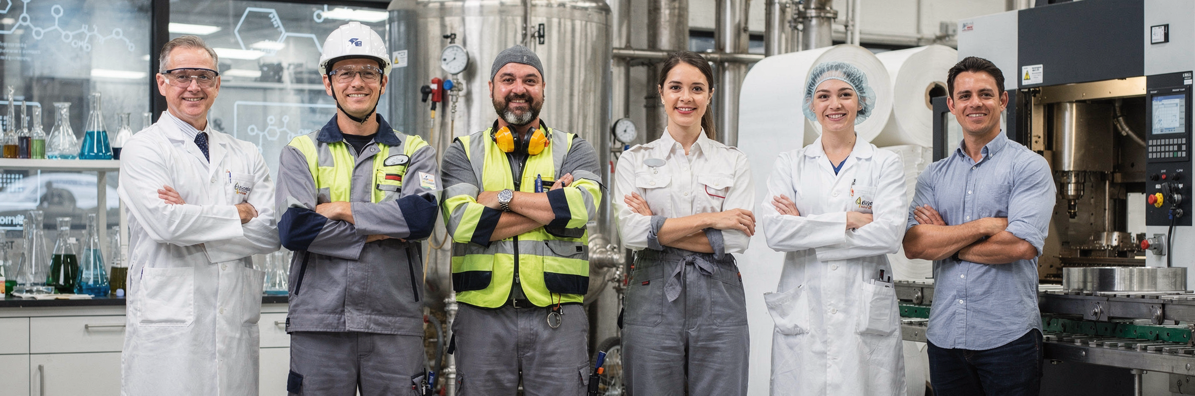 Group of people in various professional uniforms in a factory setting. Industrial professionals and manufacturing workers standing together in a modern production facility.