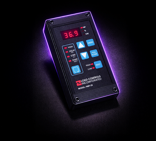 Load Controls PMP-25 motor power monitor for industrial motor load monitoring and equipment protection . Digital control panel with illuminated display and buttons on a dark background