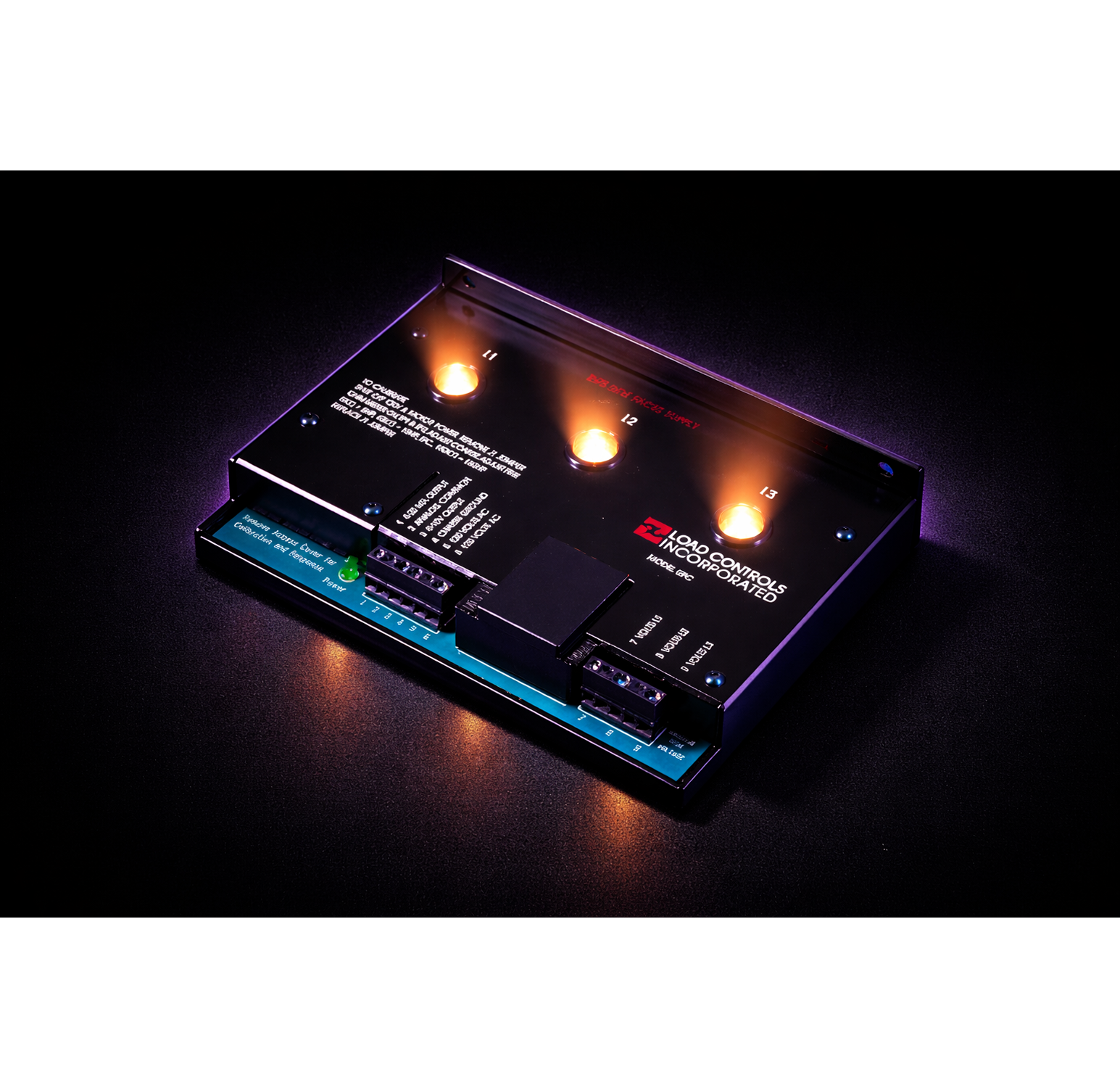Load Controls three-phase true power monitoring sensor for industrial motor load and equipment performance monitoring 
. Electronic circuit board with glowing components on a dark background