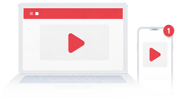 Laptop and smartphone with a red play button on a white background,  How-to videos covering installation, configuration, operation, and troubleshooting of monitoring systems