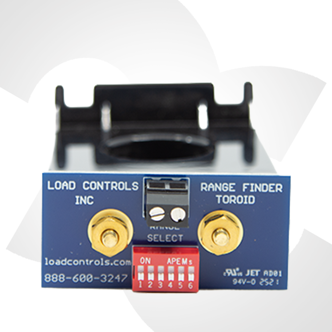 Electronic component with 'Load Controls Inc' branding on a white background. Range Finder Toroid Close Up View