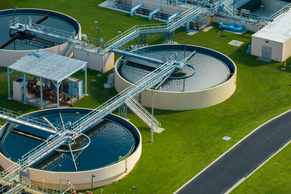 Municipal water treatment facility with clarifiers supporting efficient water purification and sustainable water management.